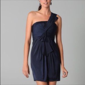 BCBG cocktail navy blue dress. size 6. one shoulder. Great condition